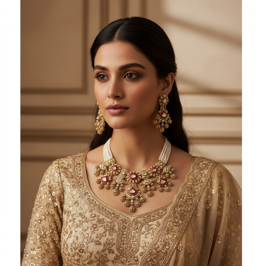 Exquisite Maroon Enamel and Polki Necklace Set with Pearl Detailing
