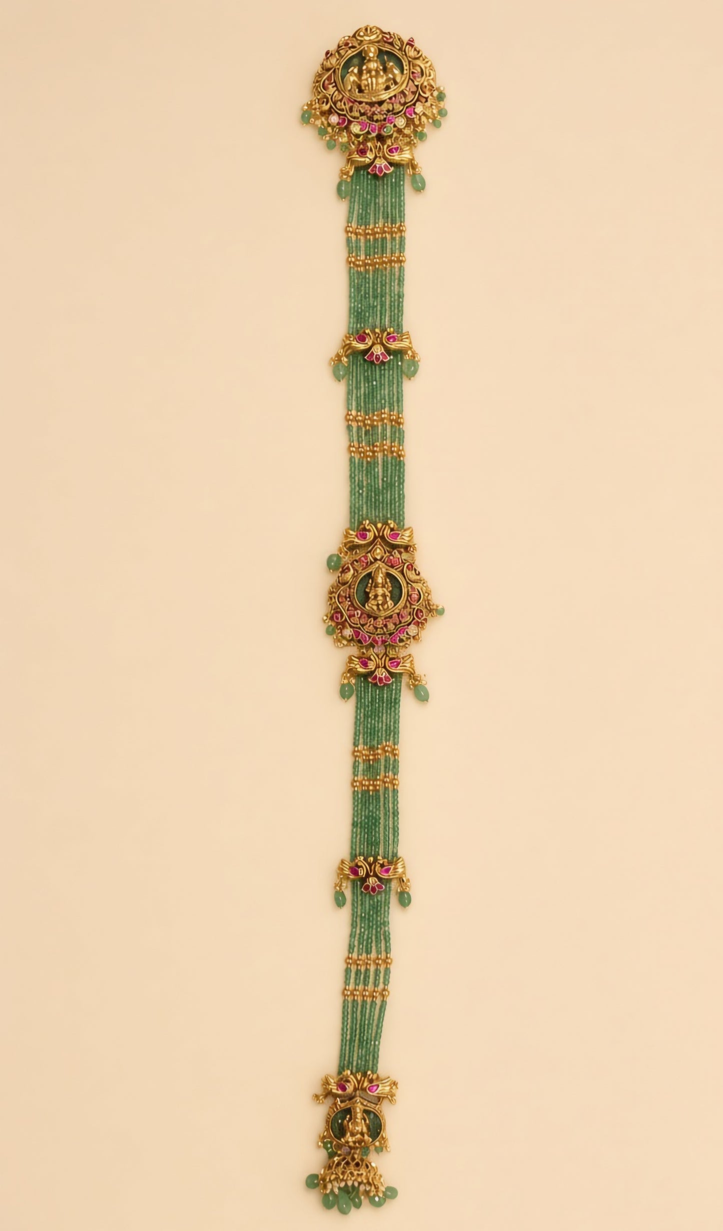 Antique Gold Temple Bridal Braid Hair Accessory Set with Green Beads
