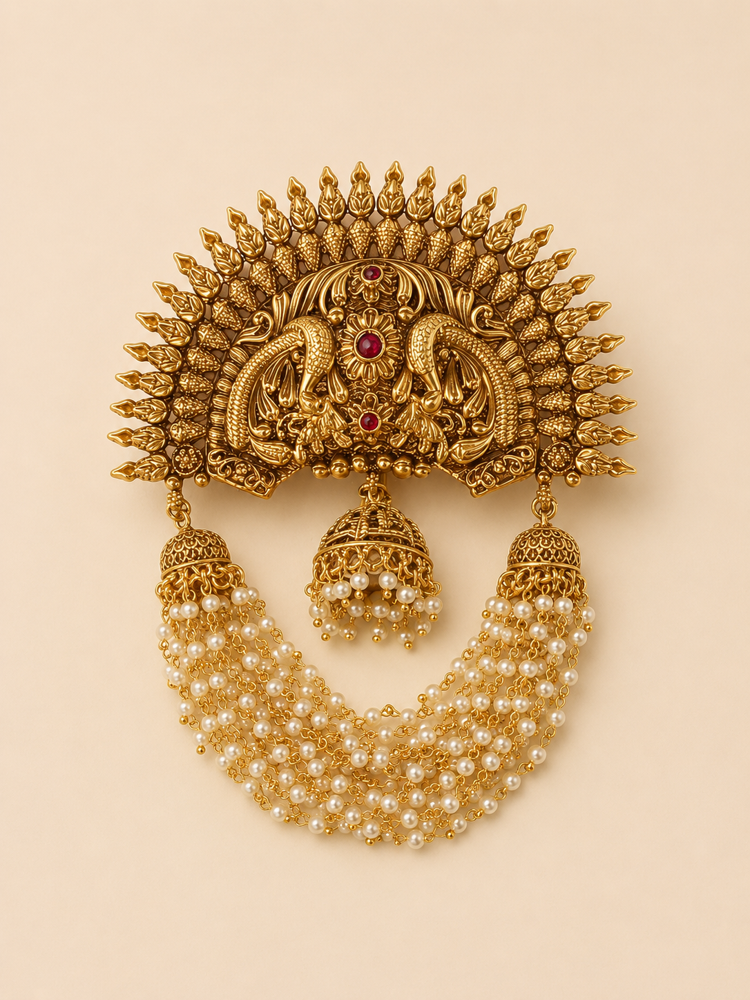 Antique Gold Temple Hair Brooch with Pearl Chains & Jhumka Danglers