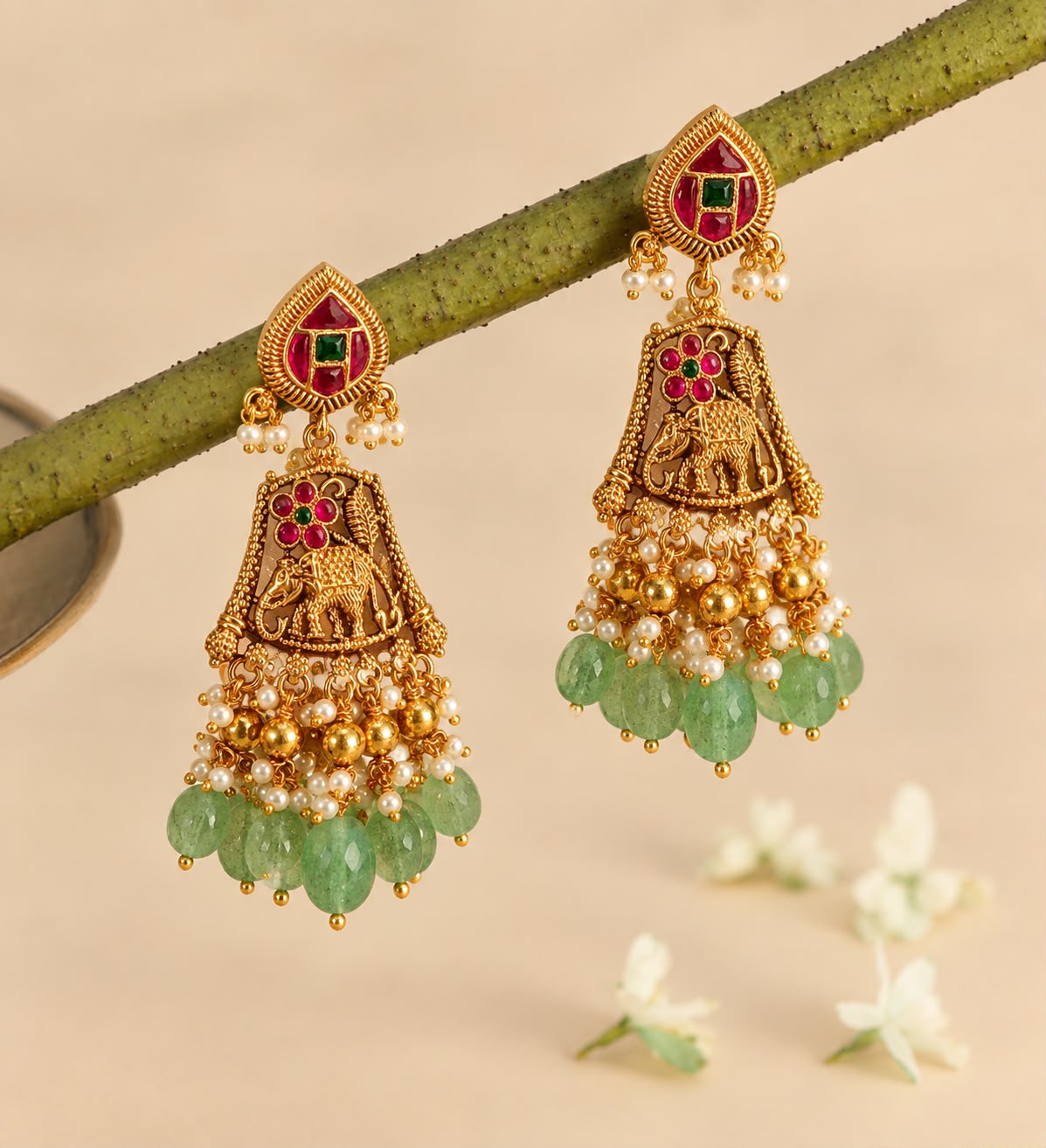 Green Meenakari Elephant Jhumka Earrings with Pearl & Beaded Drops
