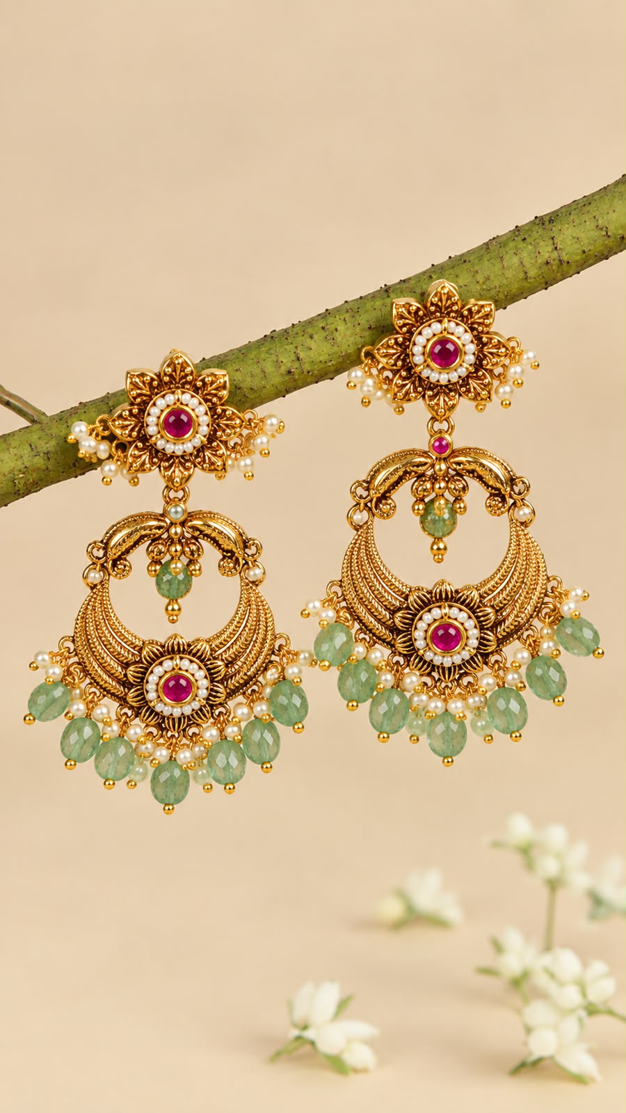 Ruby Green Heritage Chandbali Earrings with Pearl & Stone Drops