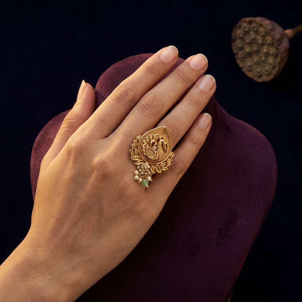 White and Light Green Peacock Floral Ring - Mannequin