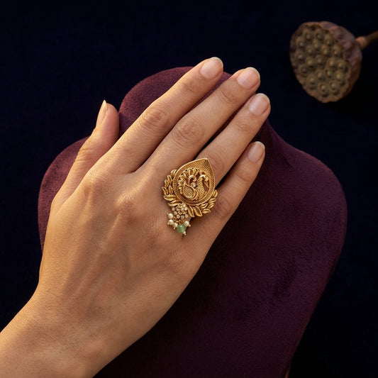 White and Light Green Peacock Floral Ring - Mannequin