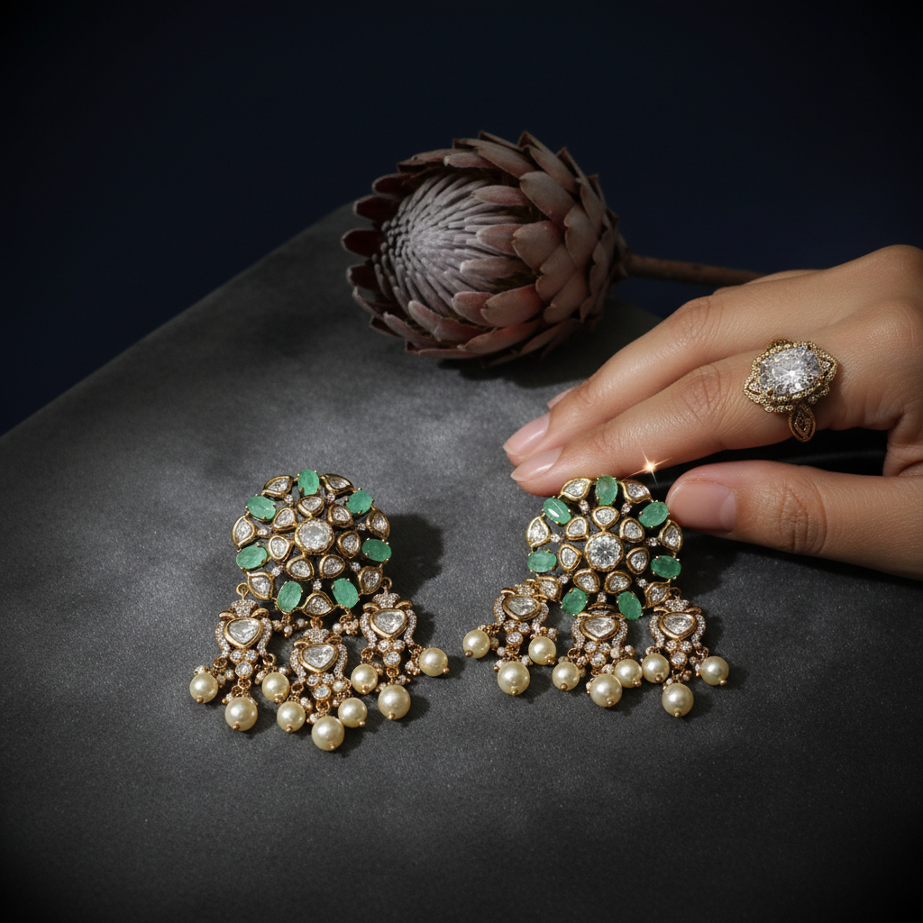 Green Mint Heritage Kundan Earrings - Mannequin