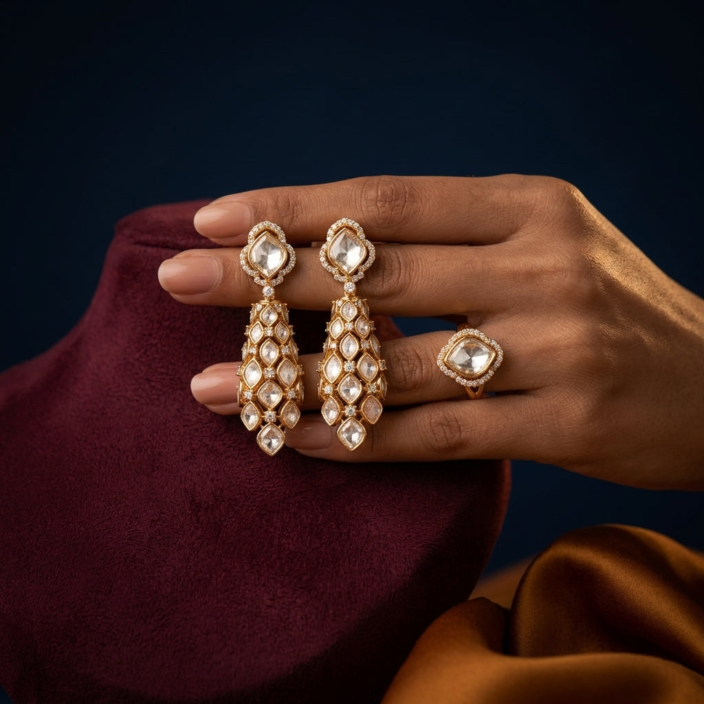 White Geometric Polki Cluster Earrings - Mannequin