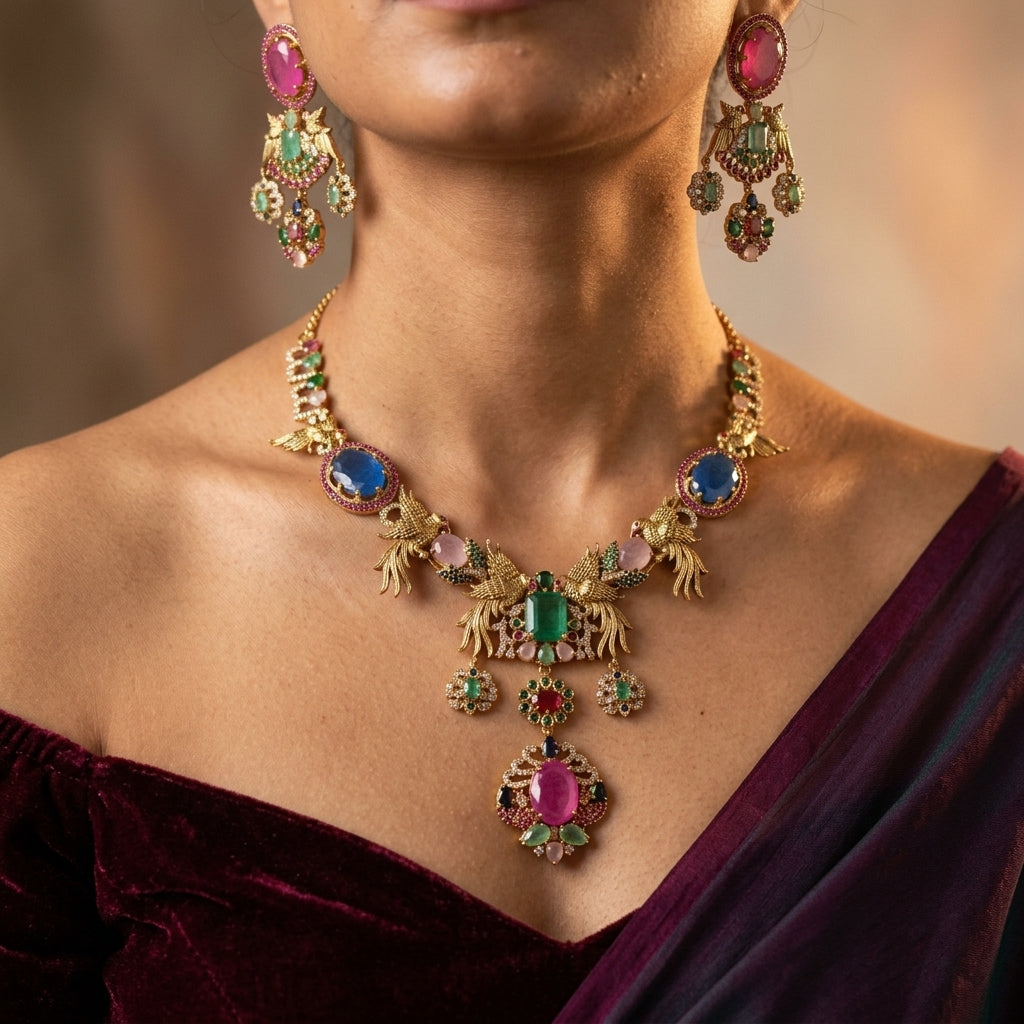 Multi Bird Motif Necklace Set - Model