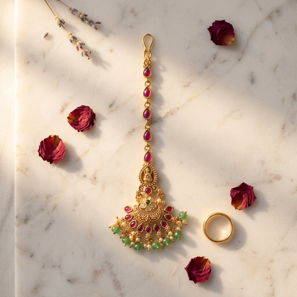 Ruby Green Temple Floral Maang Tikka - Tabletop
