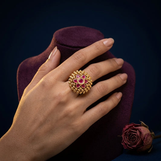 Ruby and Clear Floral Cluster Ring - Mannequin