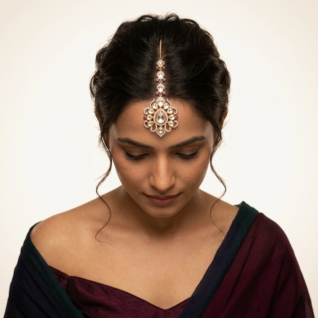 Clear and Ruby Ornate Cluster Maang Tikka - Model