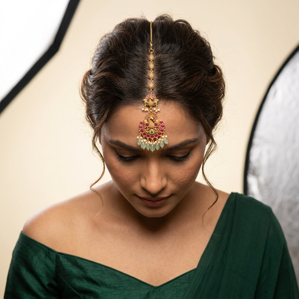 Multi Peacock Floral Maang Tikka - Model