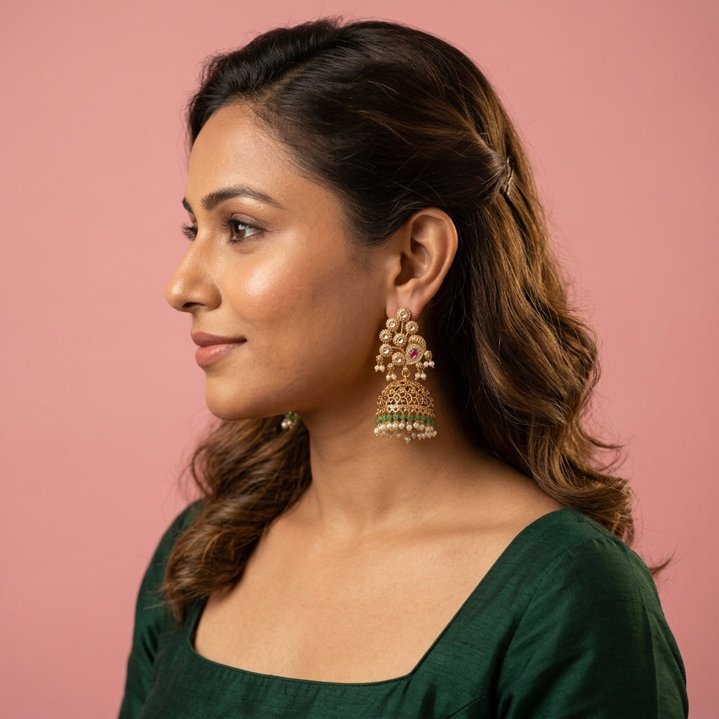 Multi Peacock Filigree Jhumka Earrings - Model