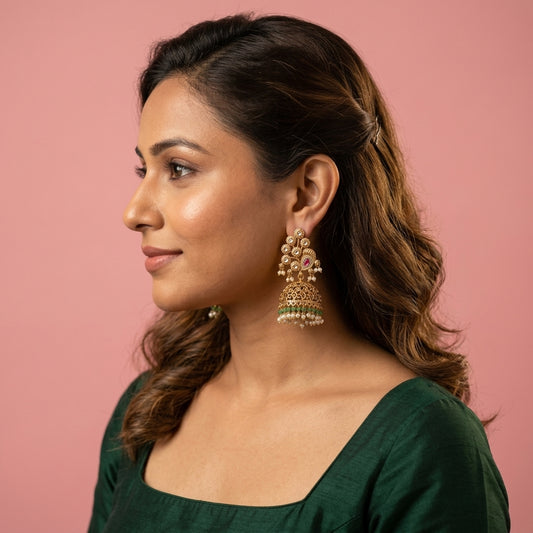 Multi Peacock Filigree Jhumka Earrings - Model