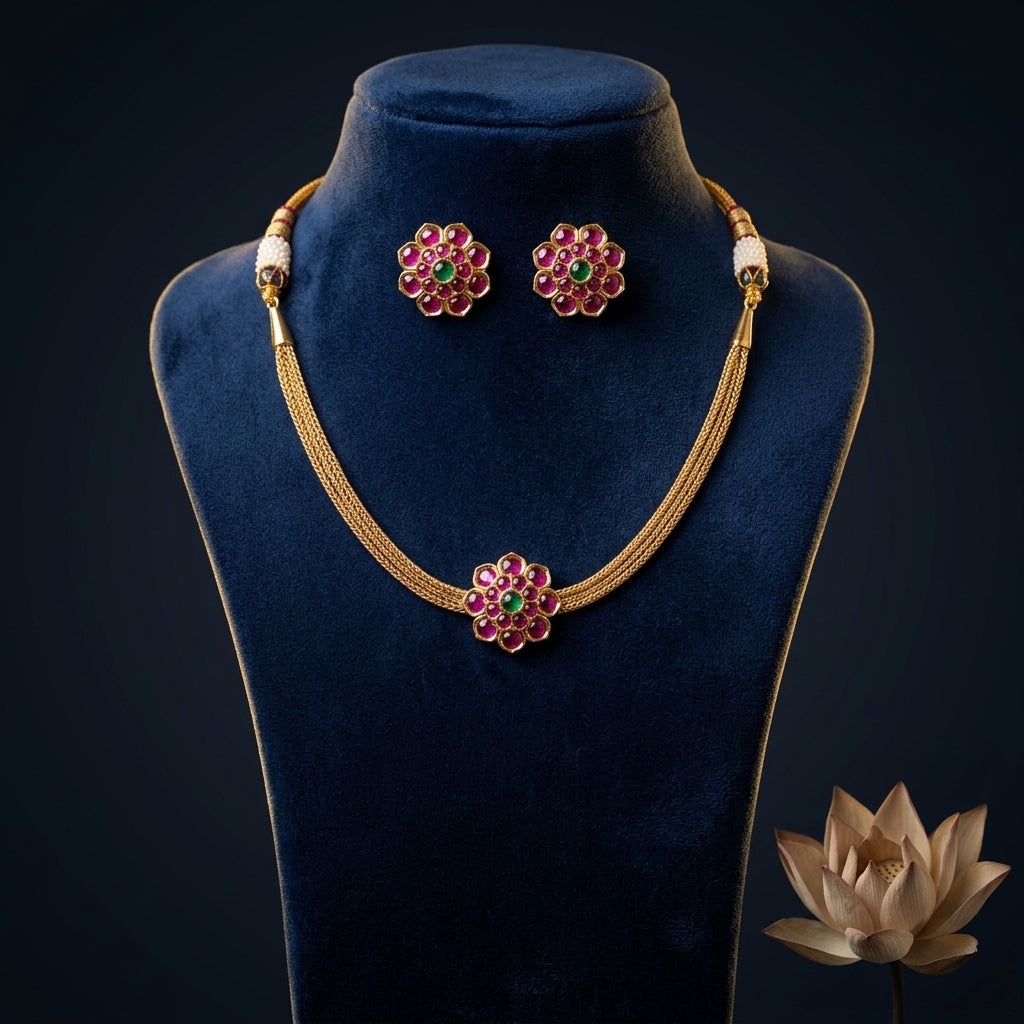 Ruby and Green Floral Cluster Necklace Set - Mannequin