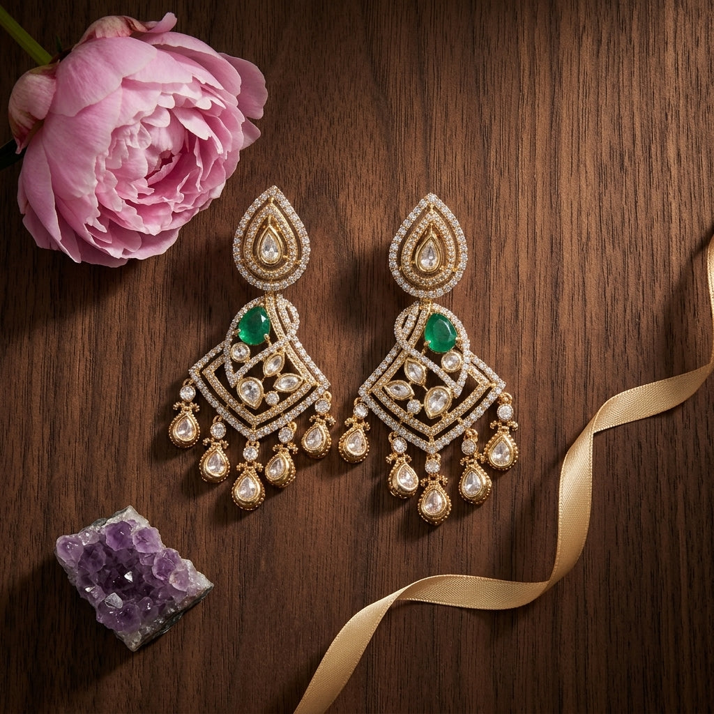 Green Heritage Kundan Earrings - Tabletop