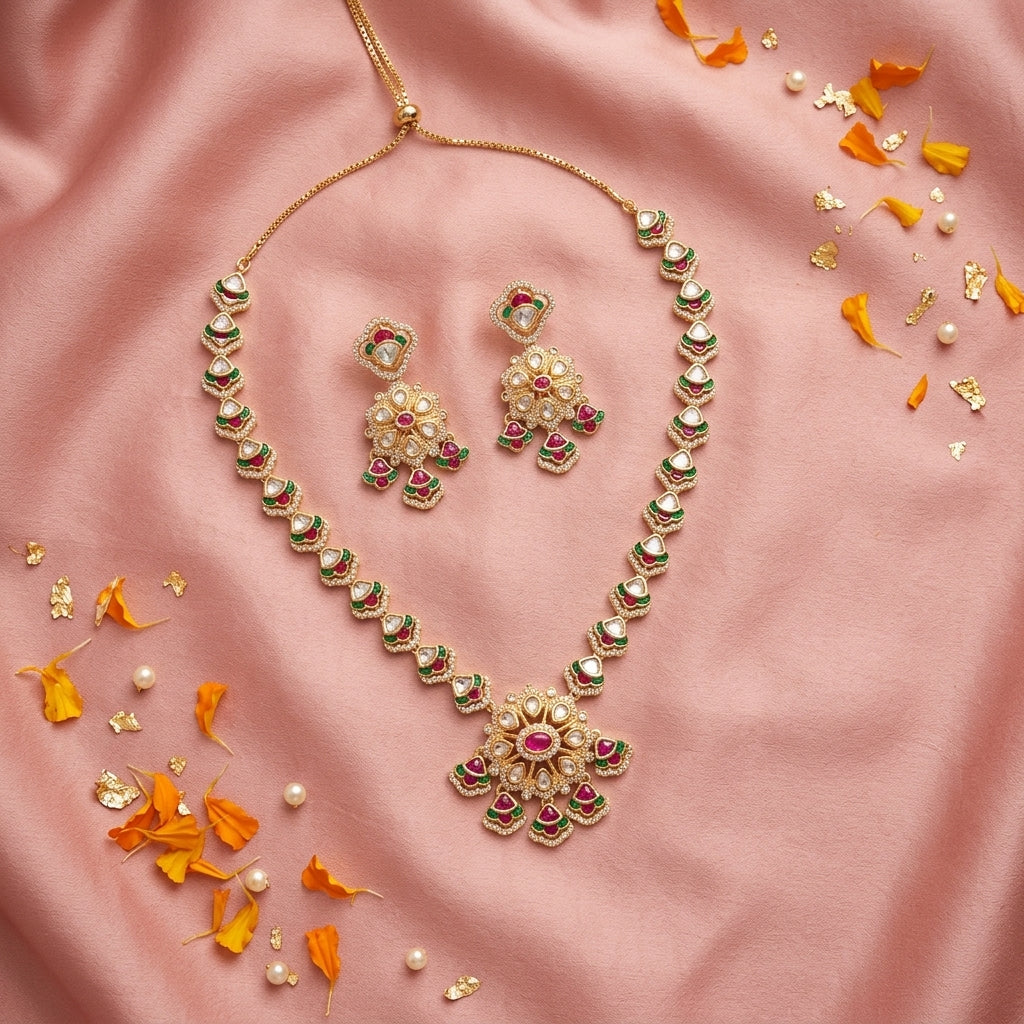 Ruby Green Floral Cluster Necklace Set - Tabletop