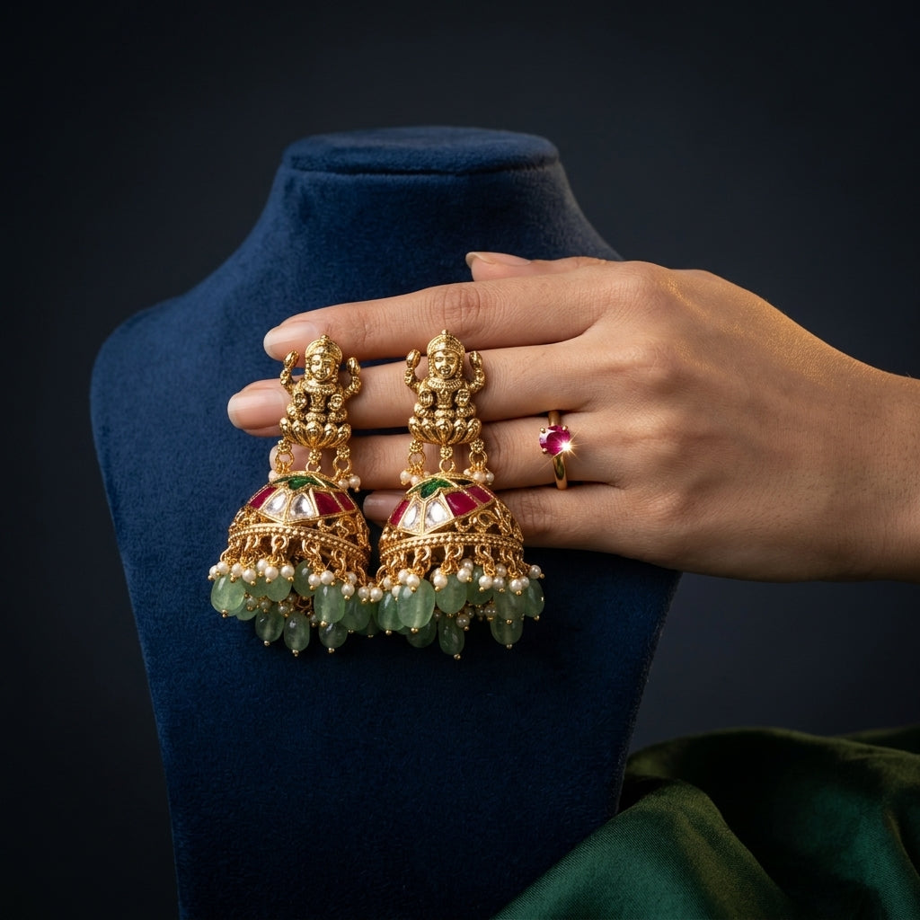 Green Temple Goddess Jhumka Pair - Mannequin