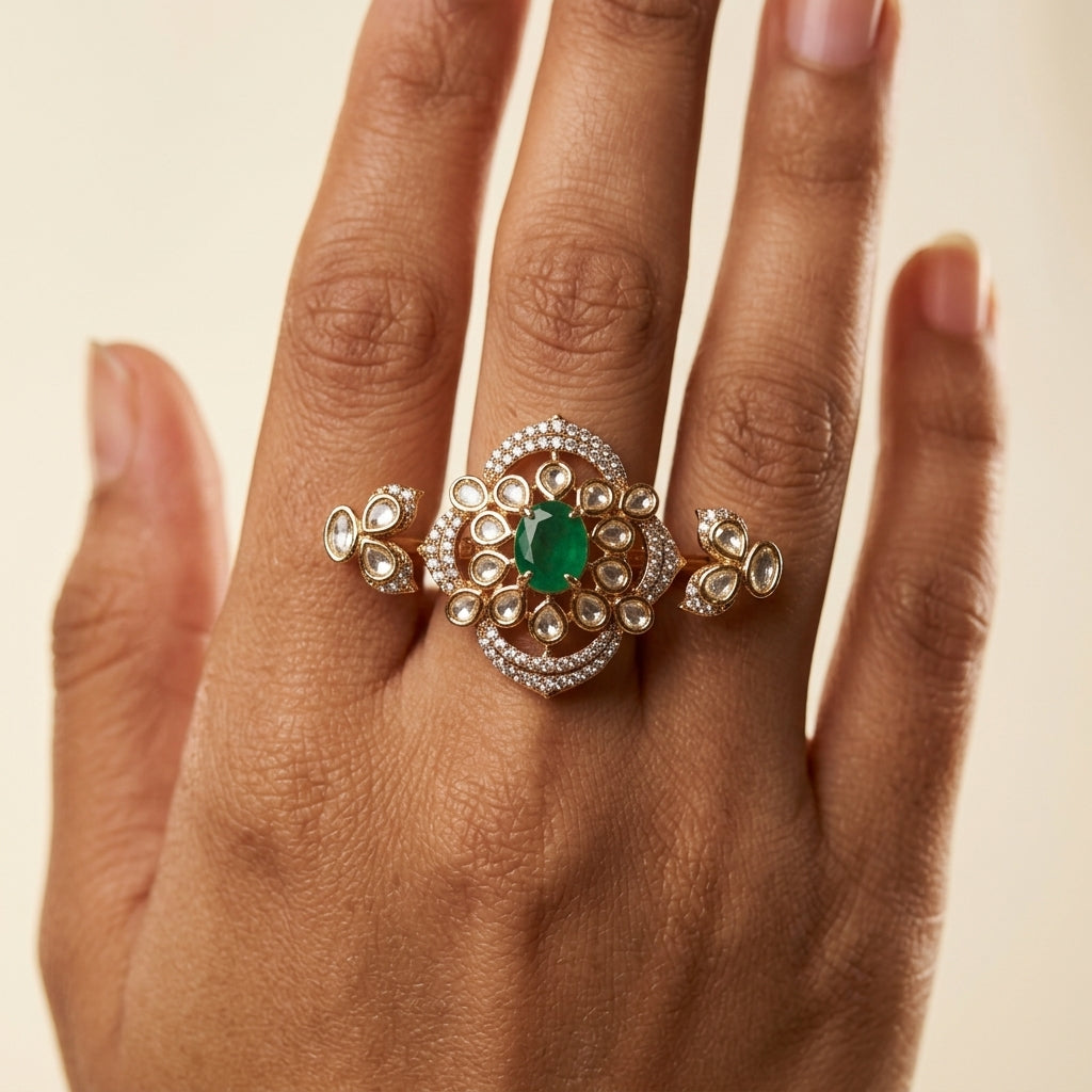 Green and Clear Floral Cluster Ring - Model