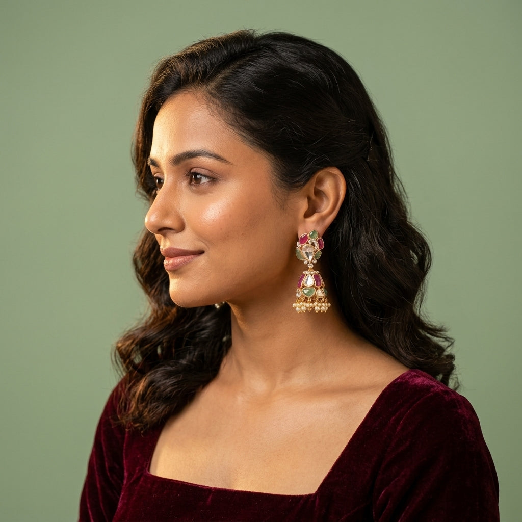 Multi Floral Jhumka Earrings - Model