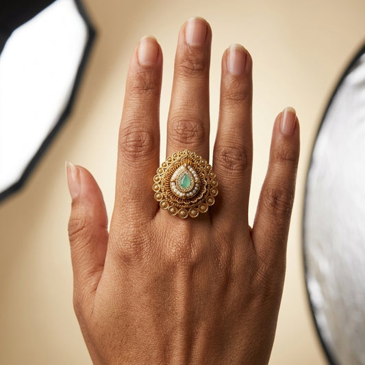Green and White Ornate Filigree Teardrop Ring - Model