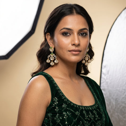Green Heritage Kundan Earrings - Model