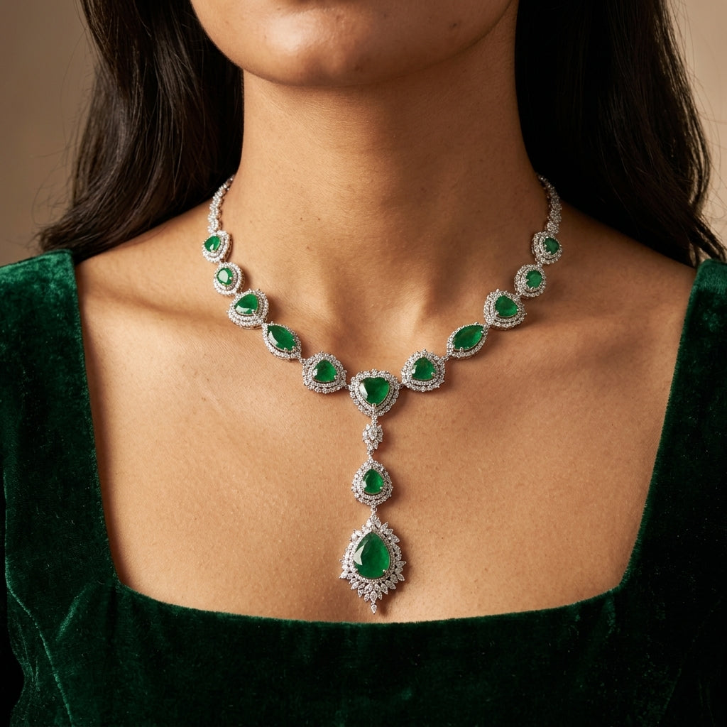 Green and Clear Tear-drop Cluster Necklace Set - Model