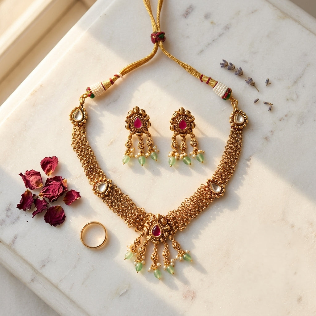 Ruby Floral Teardrop Necklace Set - Tabletop