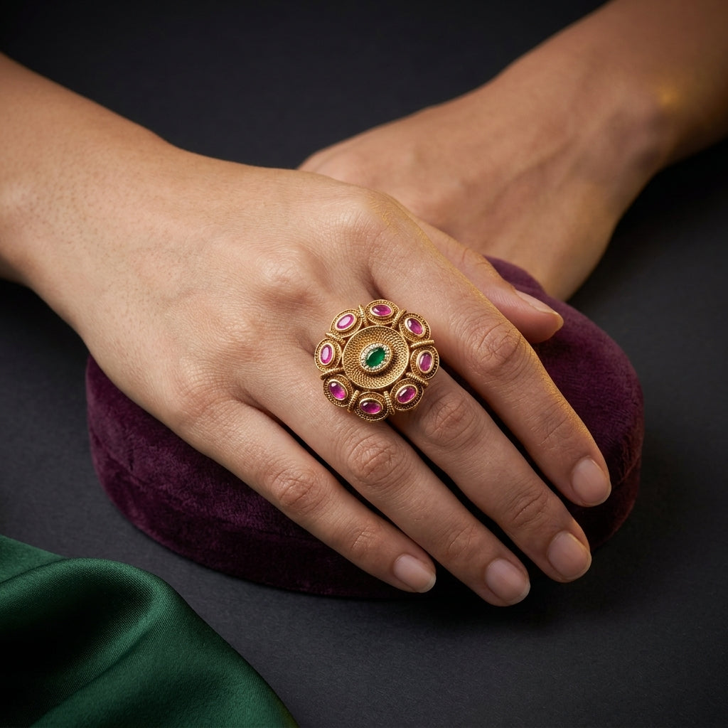 Ruby and Green Oval Cluster Ring - Mannequin