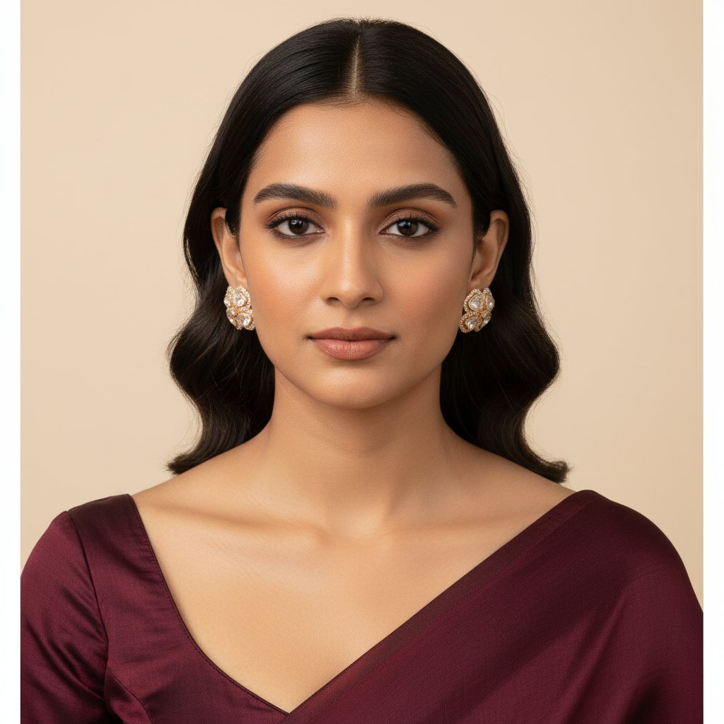White Floral Polki Earrings - Model