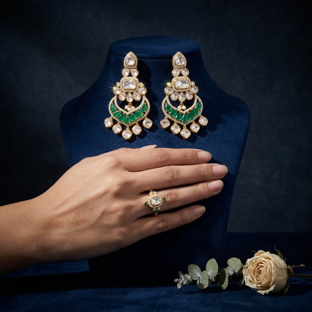 White and Green Heritage Kundan Earrings - Mannequin