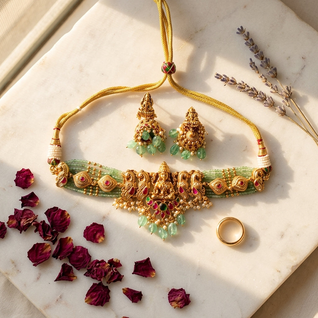Green and Ruby Goddess Temple Necklace Set - Tabletop