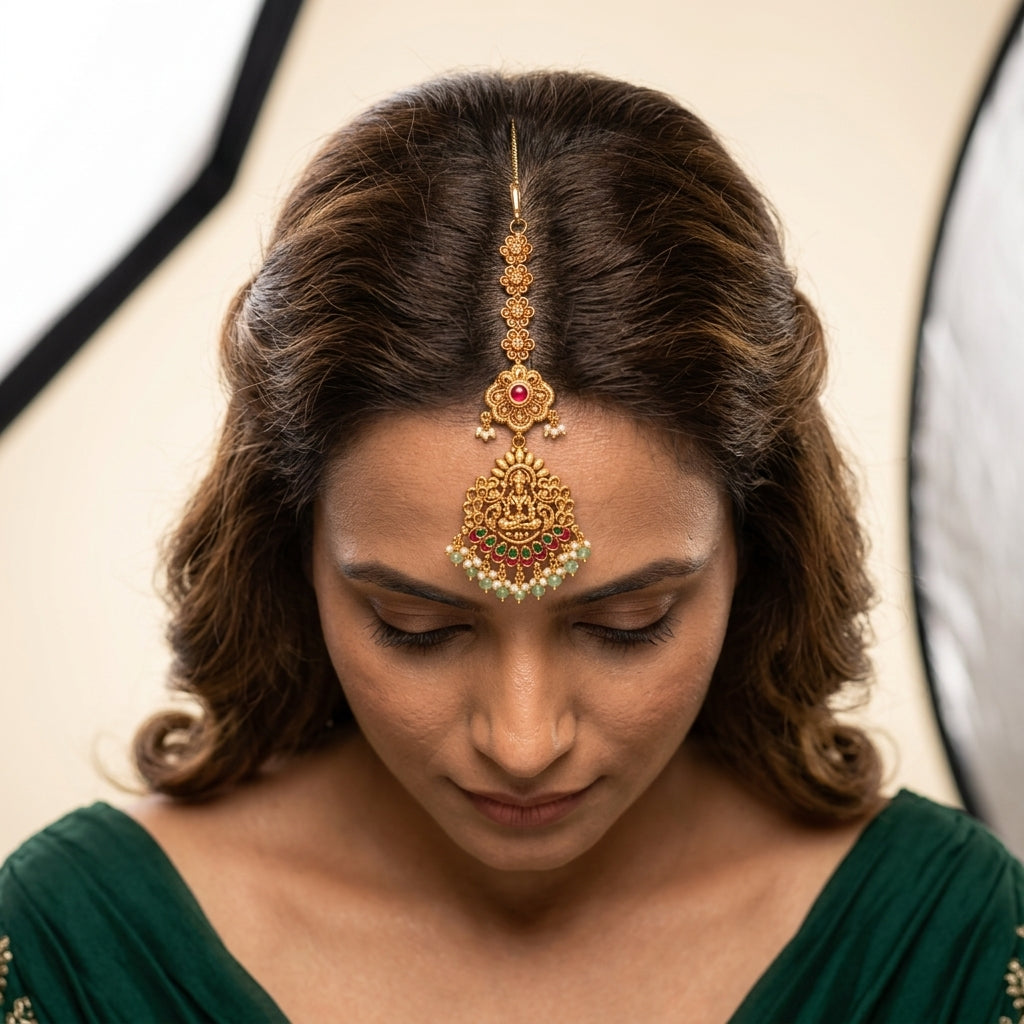 Ruby Green Temple Deity Floral Maang Tikka - Model