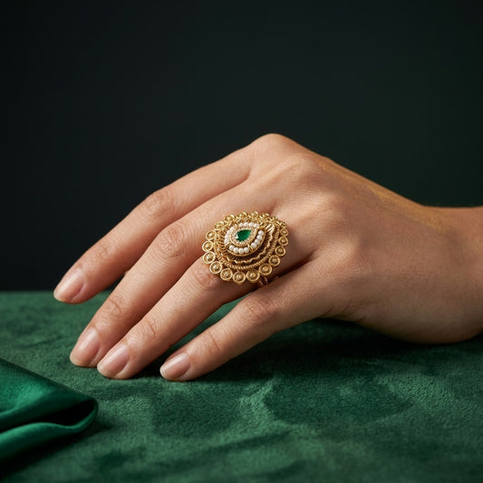 Green Teardrop Filigree Ring - Mannequin