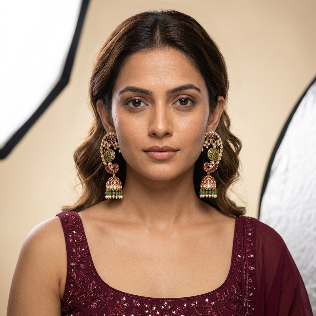 Ruby Green Pearl Heritage Kundan Earrings - Model