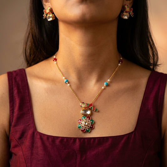 Multi Bird Floral Meenakari Necklace Set - Model