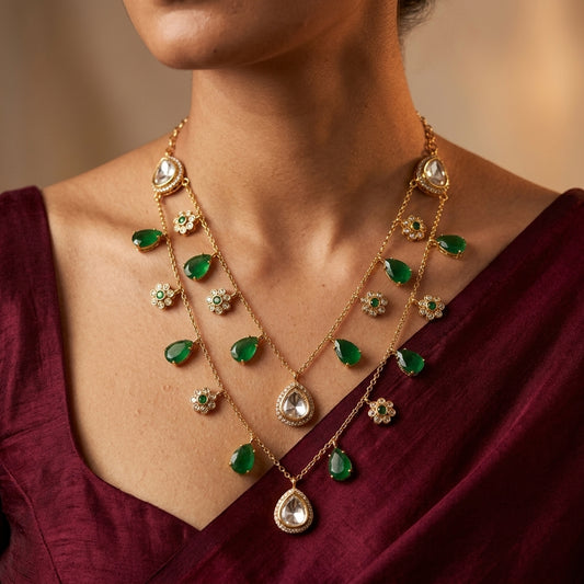 Green Polki Floral Necklace Set - Model