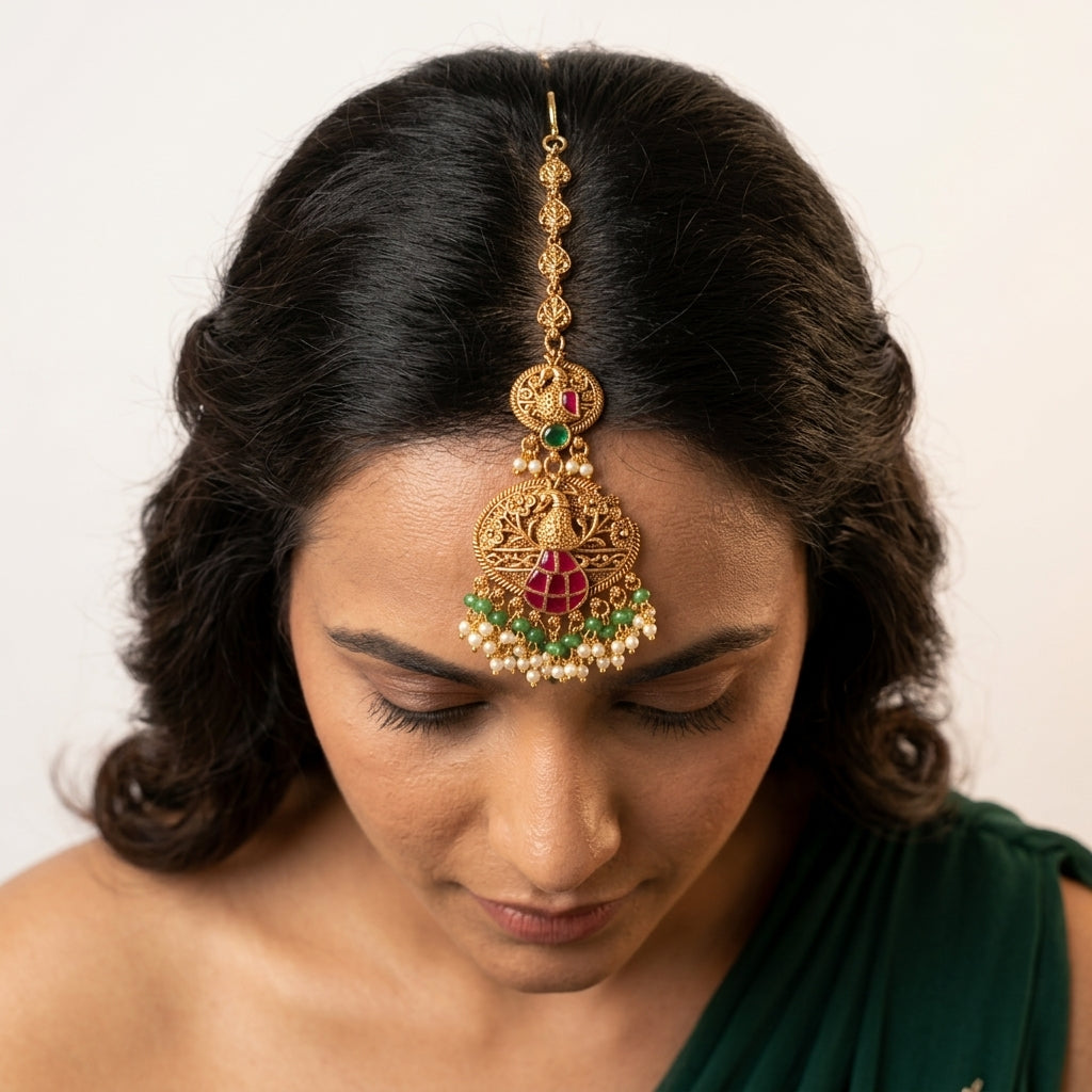 Ruby and Green Peacock Motif Maang Tikka - Model