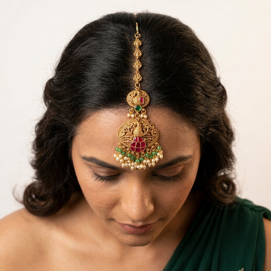 Ruby and Green Peacock Motif Maang Tikka - Model
