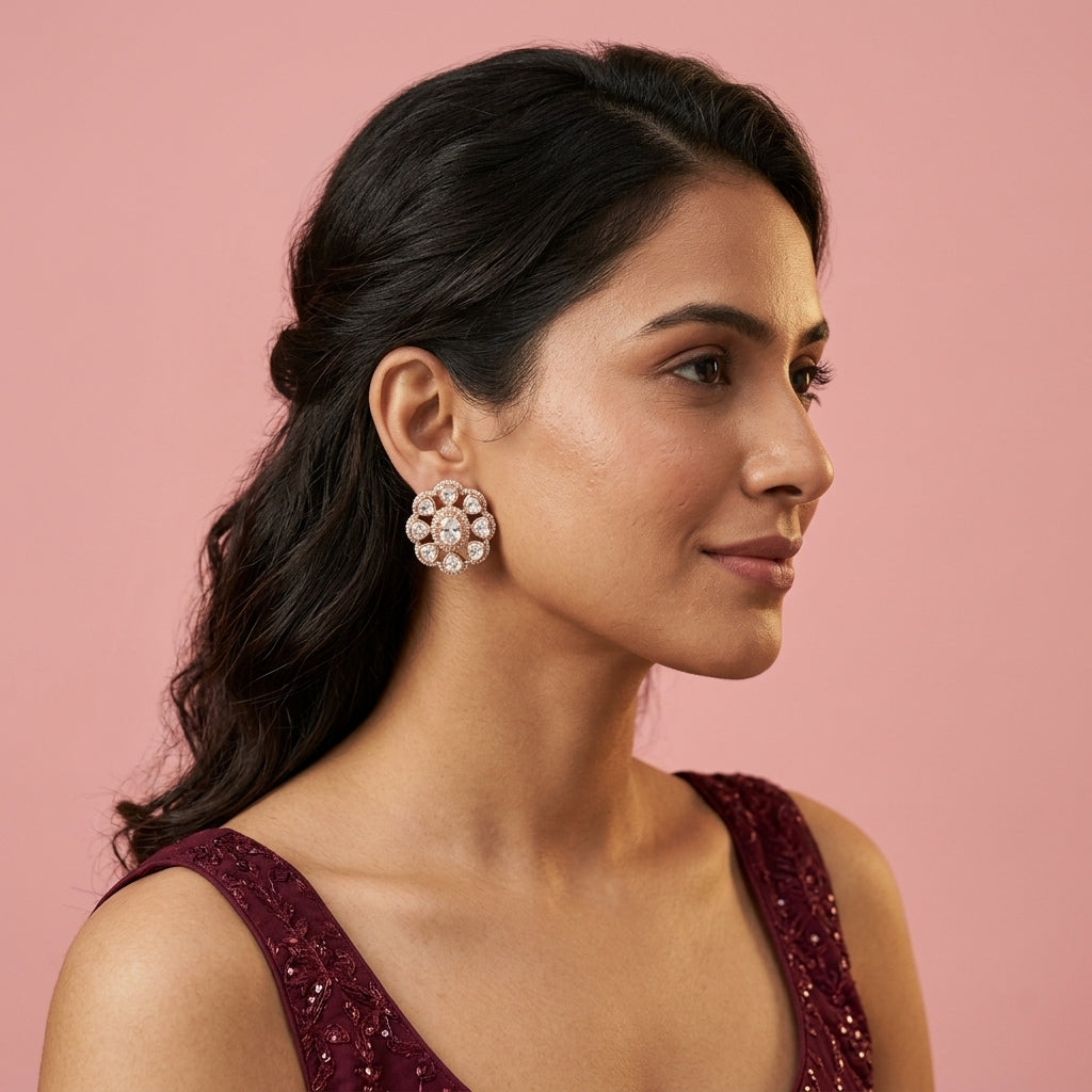 White Floral Cluster Earrings - Model