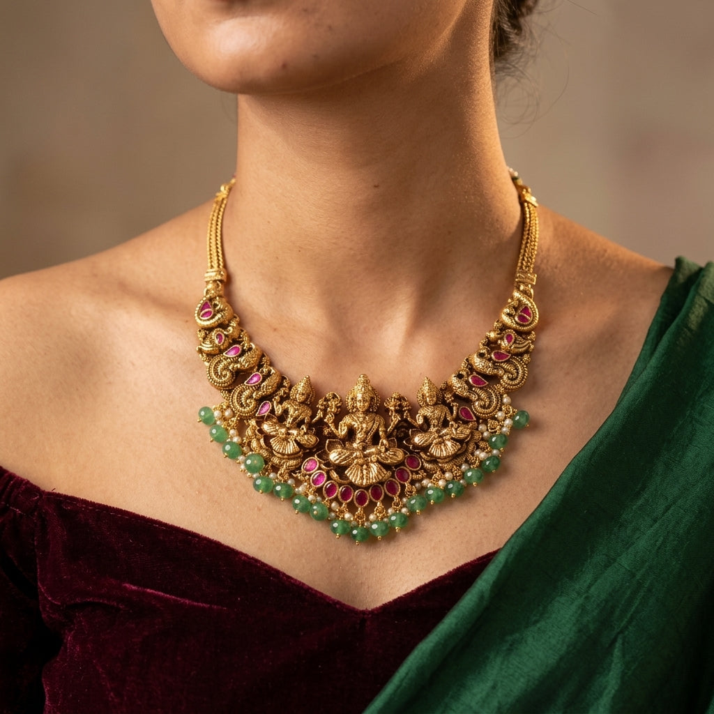 Multi Temple Deity Peacock Necklace Set - Model