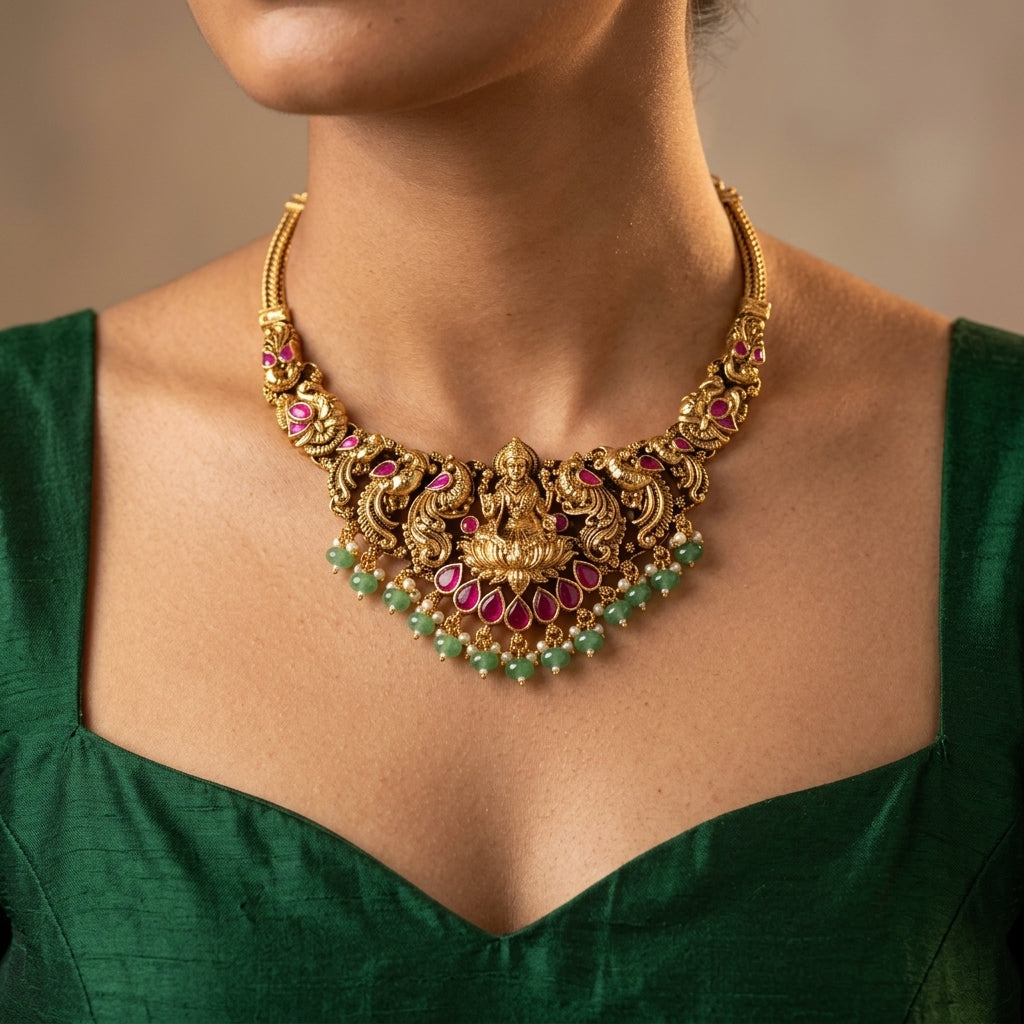 Multi Lakshmi Peacock Temple Necklace Set - Model