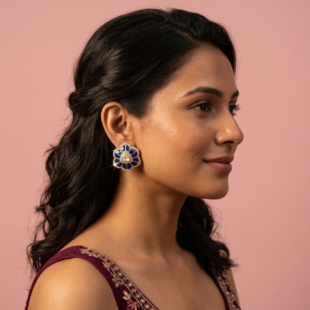 Blue Floral Petal Earrings - Model