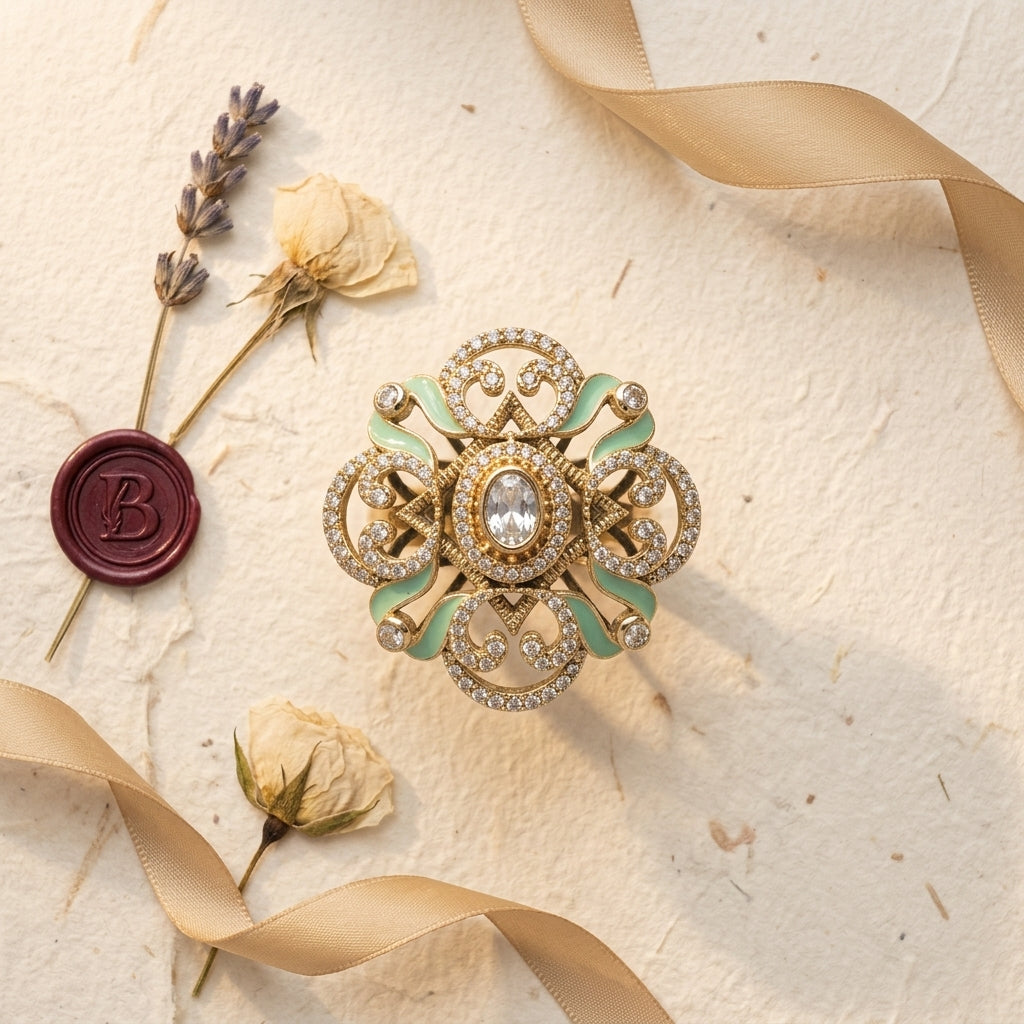 Clear and Mint Ornate Scroll Ring - Tabletop