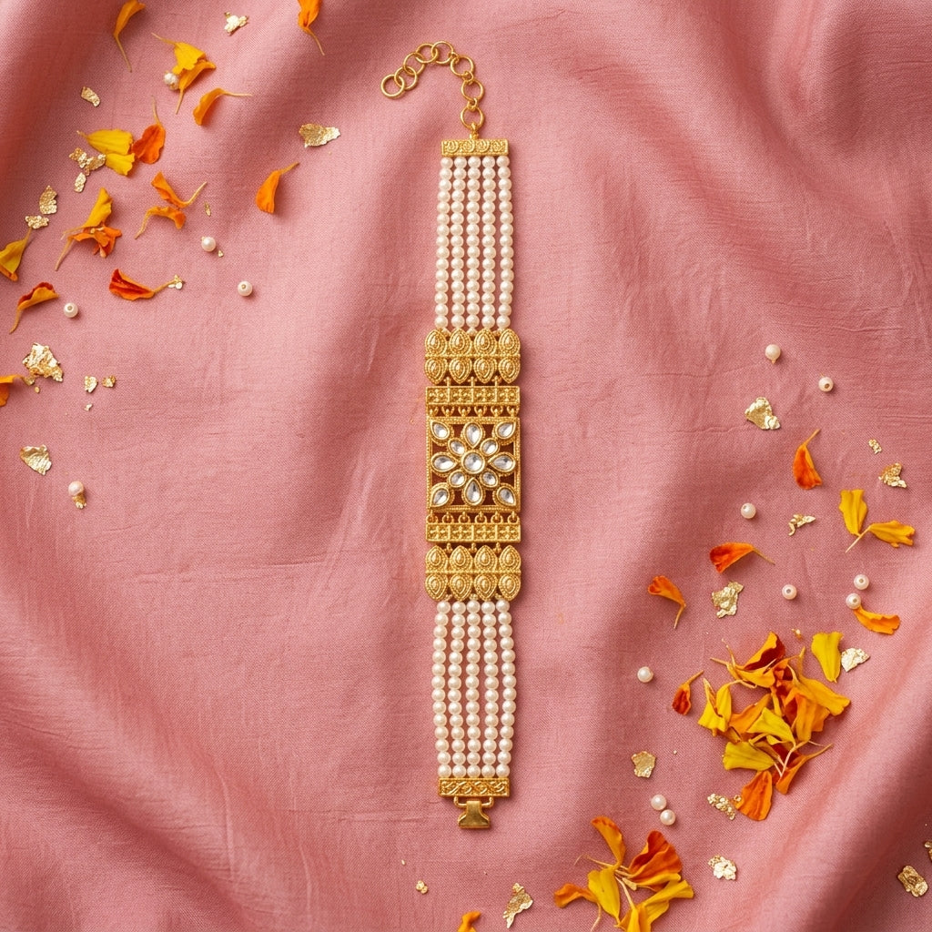 White Floral Kundan Bracelet - Tabletop