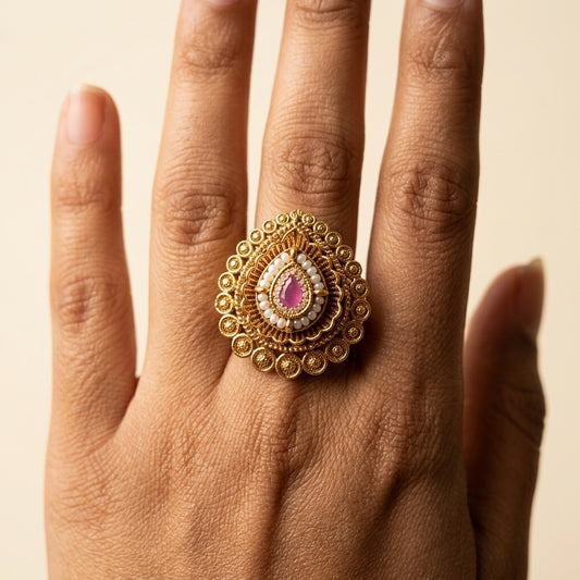 Pink Ornate Teardrop Ring - Model