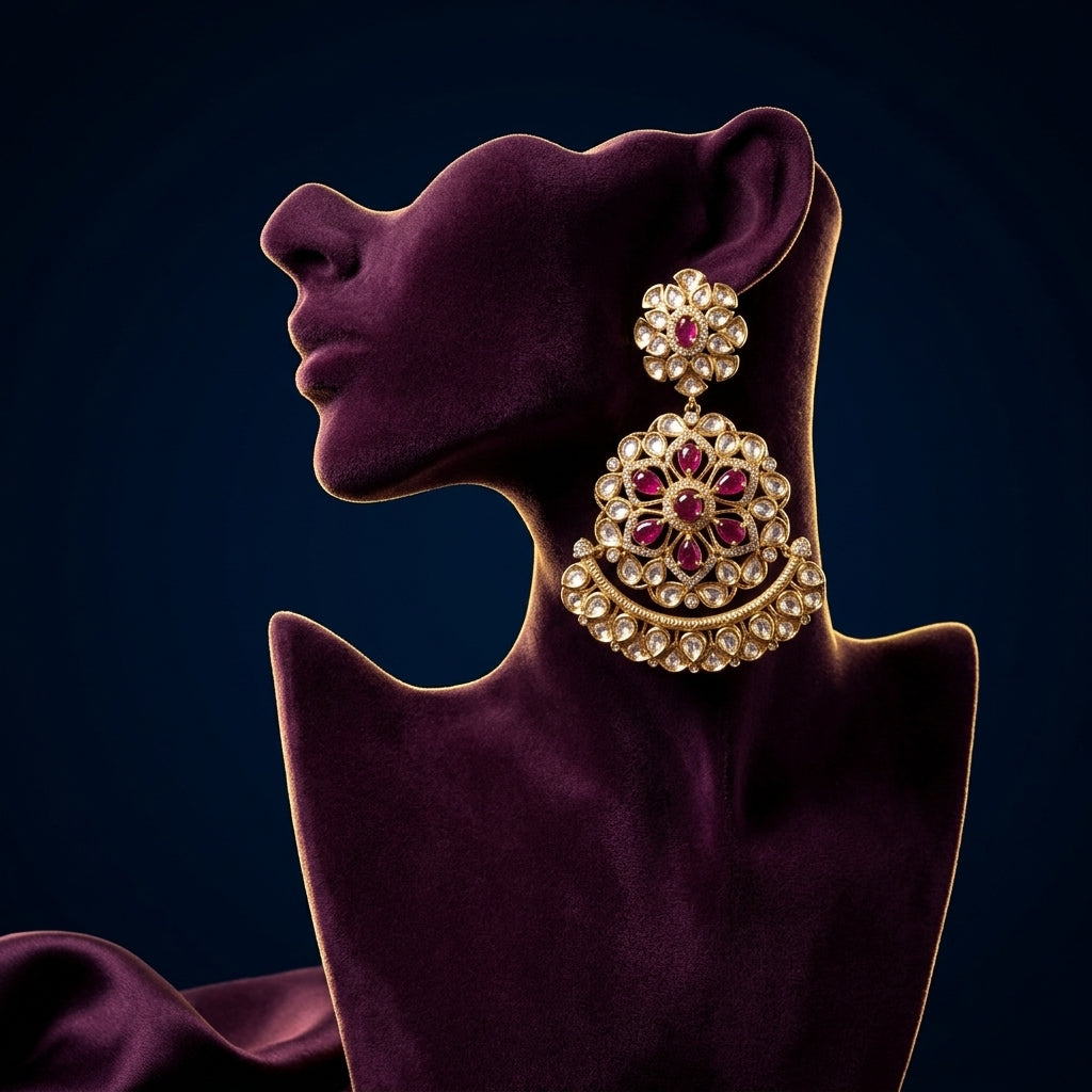 Ruby White Mughal Kundan Chandbali Earrings - Mannequin
