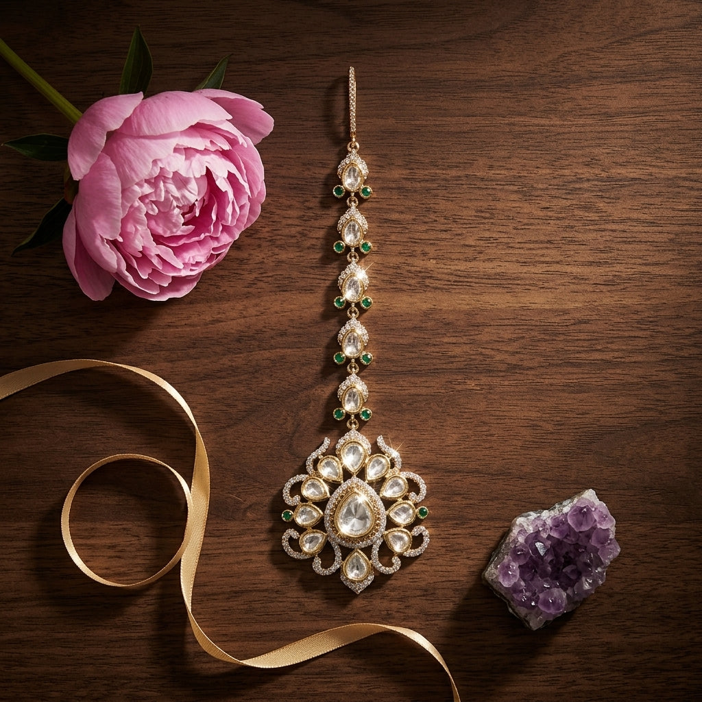 Clear and Green Ornate Teardrop Cluster Maang Tikka - Tabletop