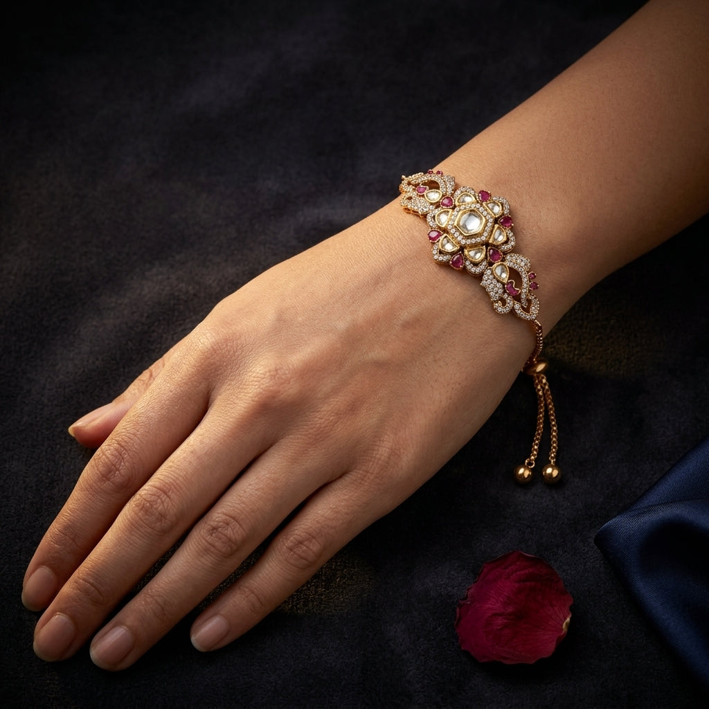 Ruby and Clear Floral Cluster Bracelet - Mannequin