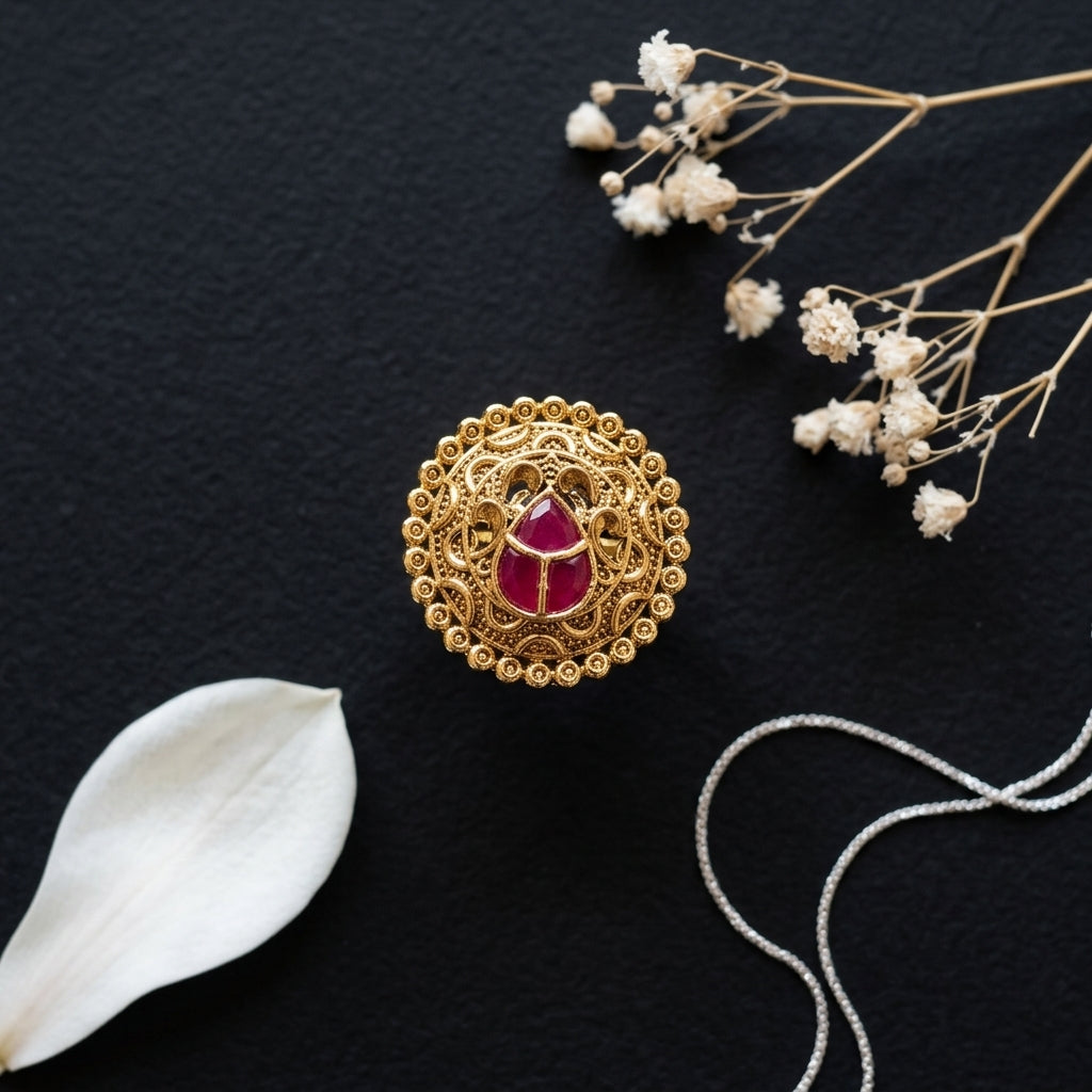 Ruby Ornate Filigree Ring - Tabletop