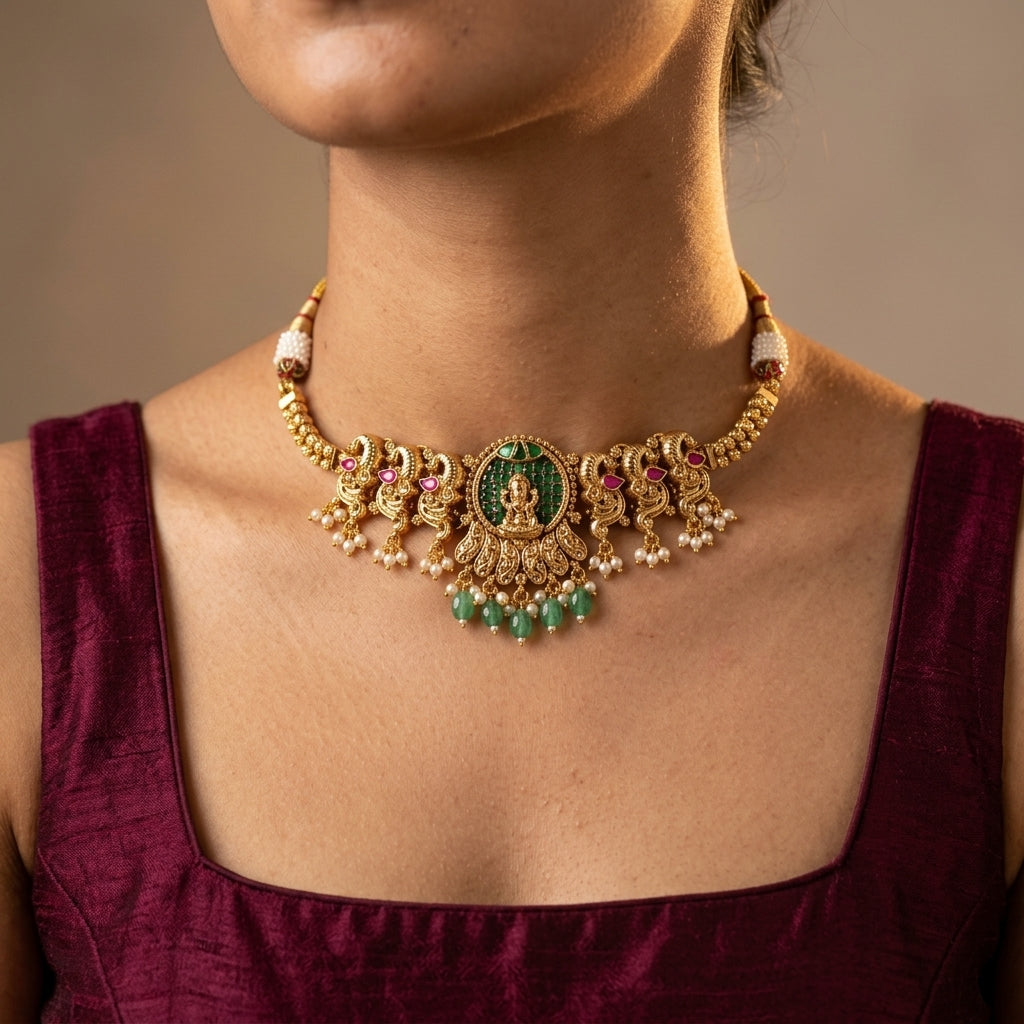 Green Temple Deity Necklace Set - Model