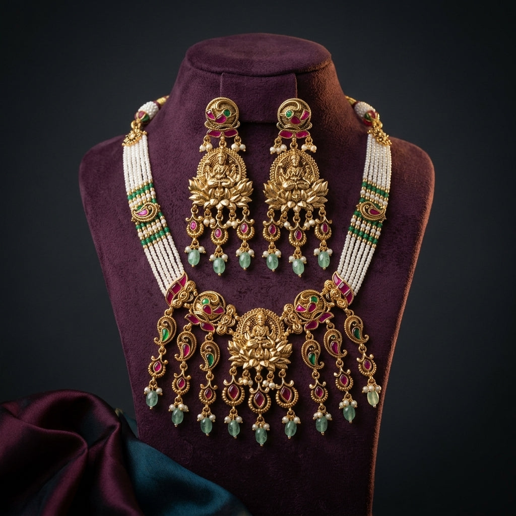 Ruby Green Lakshmi Temple Necklace Set - Mannequin